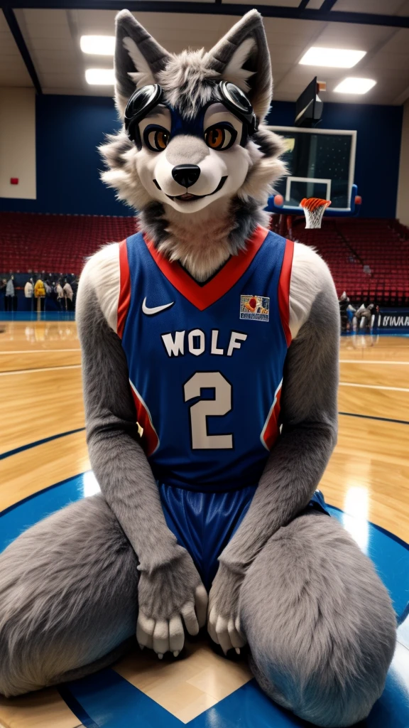 araffe dressed in a shiny basketball uniform and goggles, an anthro wolf, fursuit,, the furry fursuit is sitting on floor, furry character, fursuit!!!!, anthropomorphic wolf, hot wolf, an anthropomorphic wolf, portrait shot