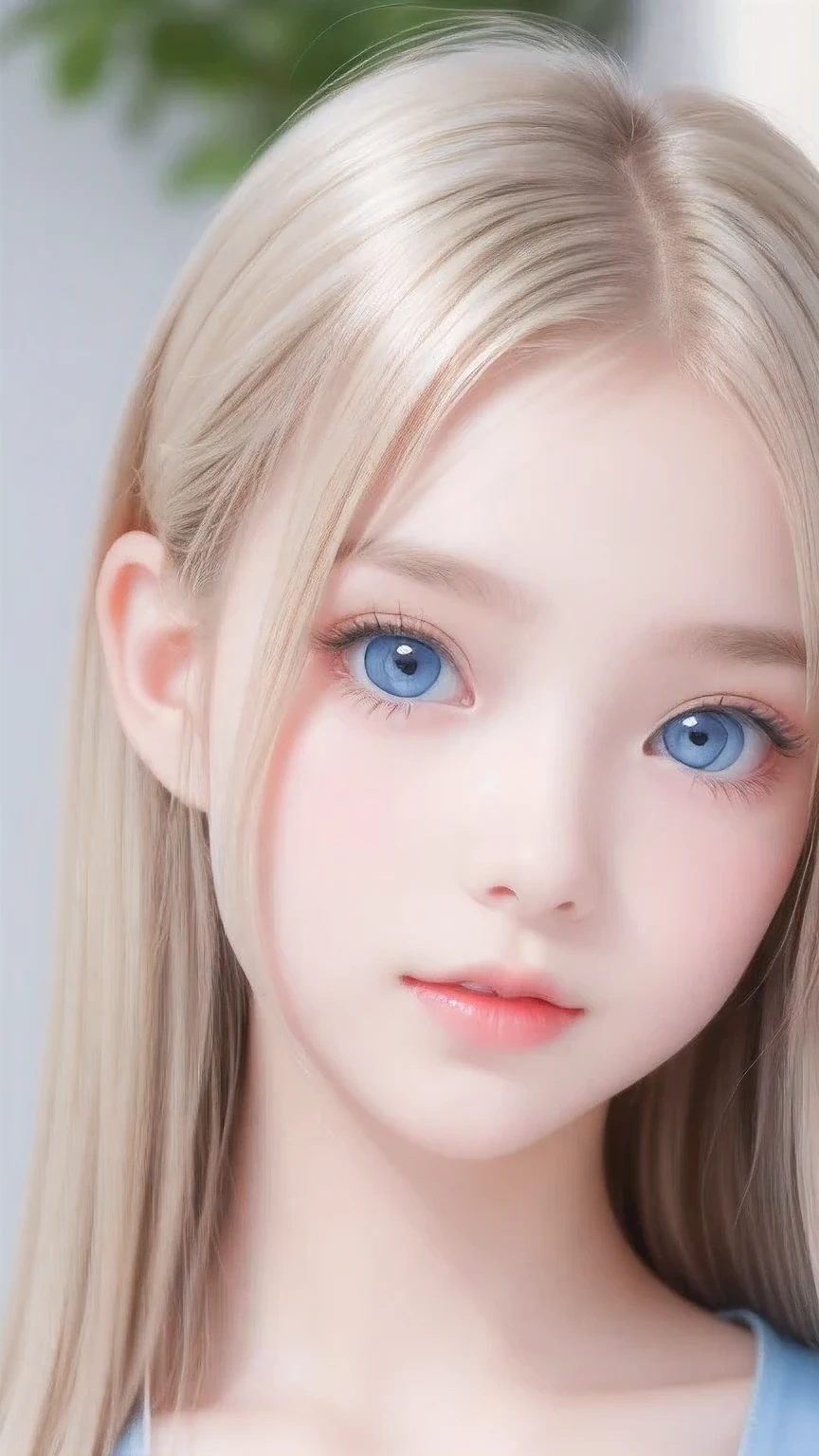 Portrait、、bright look、ponytail、bangs between eyes、bangs on the face、Young, shiny, white, glossy skin、gross face、cheek gloss highlight、best beauty、blonde reflection、Platinum blonde hair with dazzling highlights、shiny bright hair,、super long silky straight hair、Shining beautiful bangs、Attractive, beautifully shining, very bright, light blue eyes、very big eyes、Very beautiful nice cute 15 year old beautiful girl、rich bust、small face beauty、