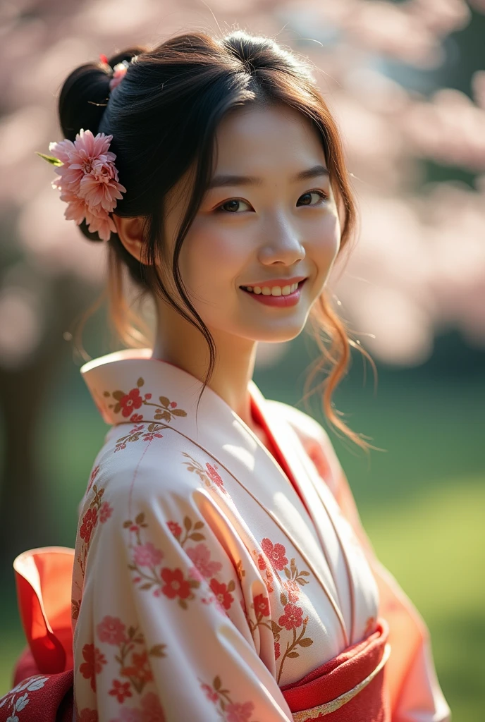 An elegantly dressed Japanese woman in natural light、A close-up of her chest and calm expression.、It shows her inner peace and outer charm.。