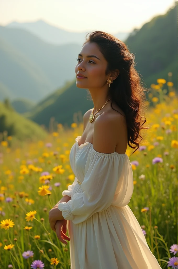 In a green vally a woman stand with a waiting expression on her face
