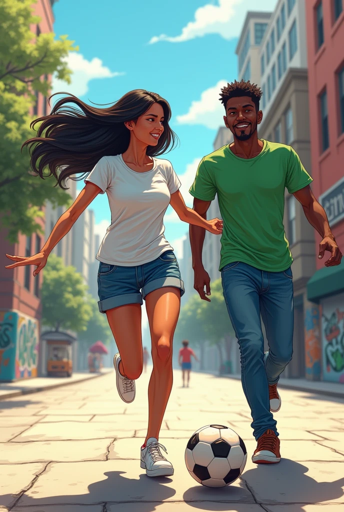 A young anime woman with tanned skin., long black hair, wearing a white t-shirt and blue denim shorts, and a dark-skinned young man in a green t-shirt and blue jeans playing a street football game.
INFO