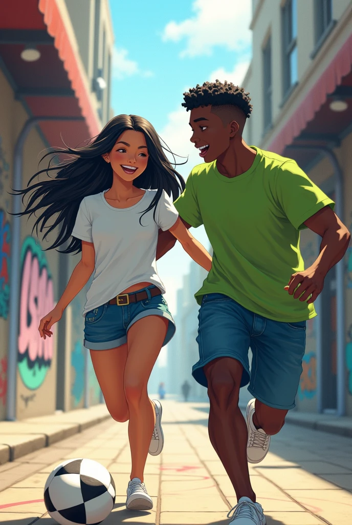 A young anime woman with tanned skin., long black hair, wearing a white t-shirt and blue denim shorts, and a dark-skinned young man in a green t-shirt and blue jeans playing a street football game.
INFO