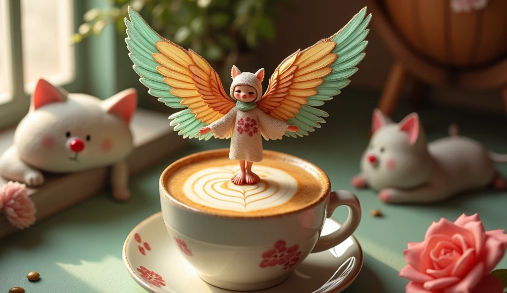 Coffee contains artistic coffee latte art, In the style of an ethereal figure, Orient - Inspiration, Avocado punk, sculptures, Kubisiato, Birds - Theme, Carrie Maywemis,Chibi,Gothloli cat