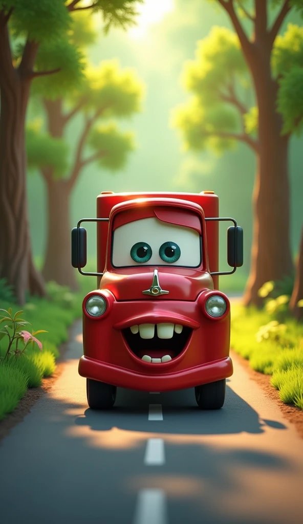 Truck with Eyes And Lips in red colour WITH ROAD IN MIDDLE OF FOREST BLUR BACKGROUND low poly Style