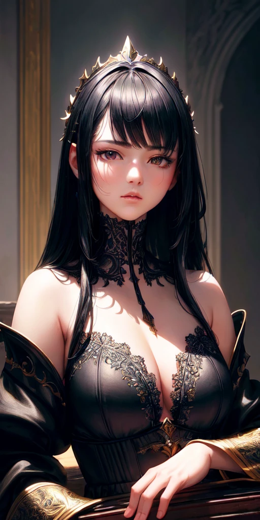 (masterpiece, Highest quality, Very detailed, Best Shadow), (Detailed Background,Dark fantasy), (Beautifully detailed face), High Contrast, (Best lighting, Very delicate and beautiful), ((Cinematic Light)), colorful, Hyper Detail, Intricate details, (One person, alone,Black Hair, Sharp Face,Black eyes, Hair between the eyes,Dynamic Angle)