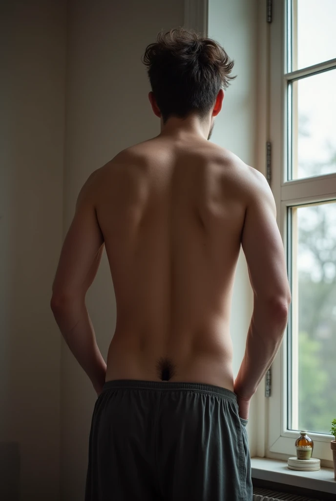 A 23 year old man, not so thin with medium hair, who is urinating and you can see his penis which is a little thick and dark and measures around 7 centimeters., being seen from a window next to him