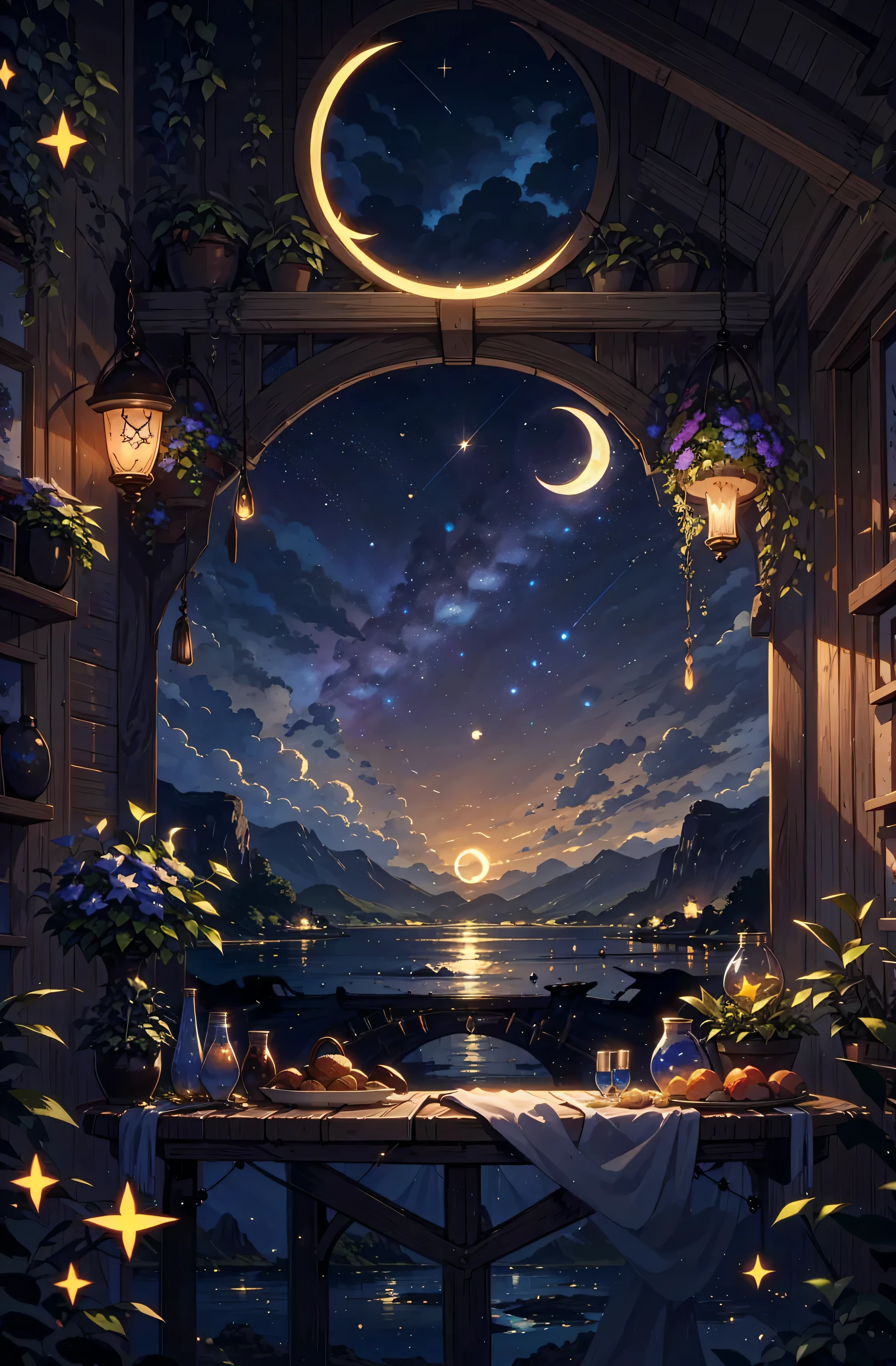 {{{Crescent Moon,Tabletop}}}, {{Highest quality, Ultra-fine illustrations, Beautiful and delicate water}}, {{Very delicate light}}, {{nature, Painting}}, {{Excellent lighting, A more transparent star, Quality Mountains々々々々々々々, Very beautiful 8K PCG wallpaper}}, (plateau), sunrise, Randomly distributed clouds, cliff, ((Rotating starry sky)), ((Lake of the mountain stream)), Glowing particles,Crescent Moon,Moonlit Night