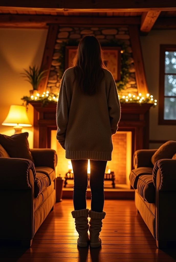 A person standing in a house with fireplace facing frontward
