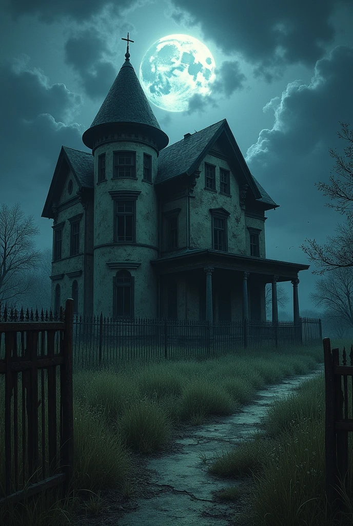"Make a terrifying digital painting of two abandoned houses at night. The first house is a large, stately two-story house with rotting, peeling cement walls and no chimney. This house features a large garden and is covered in tall grass and no well-maintained and tall, a tall, majestic but worn-looking iron fence surrounds the house.
The second house is a simple one-story house with cement walls that are also peeling and also has no chimney. The small and neglected front yard is surrounded by a simple fence.
depicted in an eerie, moonlit night setting with dark, brooding clouds overhead. Add subtle, faint smoke and haunting dim light to heighten the unsettling sense of these houses' dark history."