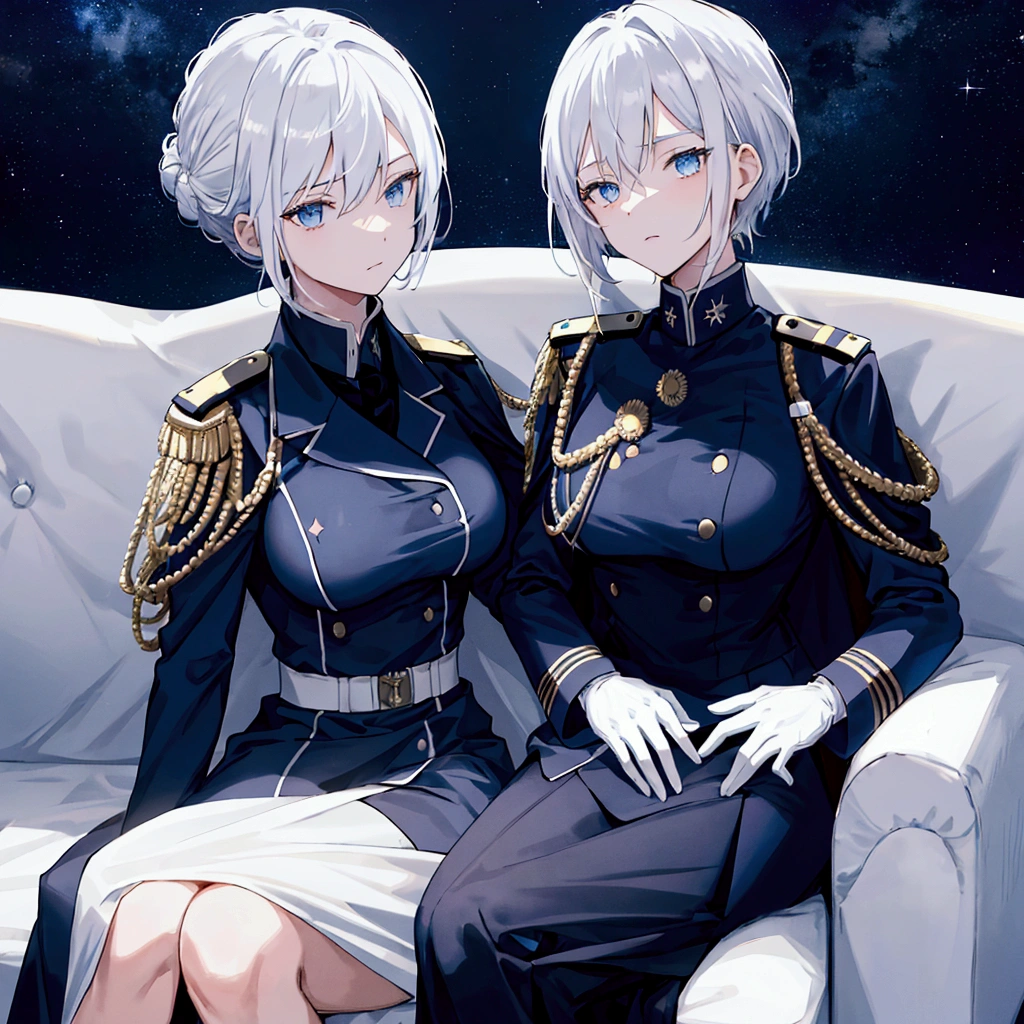 Night sky background, night time, Military uniform, dark blue uniform, white cape, white glove, 1woman, white hair, high collar, shining hair, medium-large breast, sitting on couch, facing viewer, arrogant,