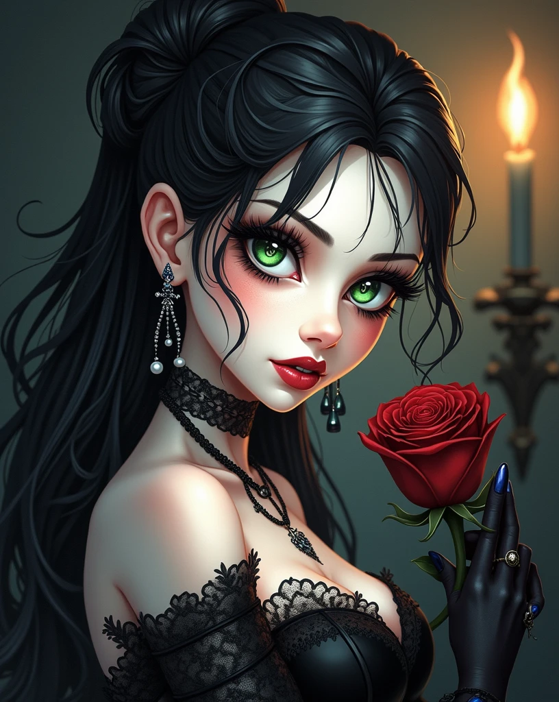 The image depicts a stylized female figure with exaggerated features typical of fantasy or gothic themes. The subject has dark hair, green eyes, and is adorned with jewelry that includes earrings and necklaces, suggesting a setting where such adornments are significant, possibly in a fictional or historical context. The presence of the rose, often associated with mystery and beauty, alongside the dramatic lighting, adds to the enigmatic atmosphere of the image. There is no explicit background story provided within the image itself, leaving the narrative open to interpretation.