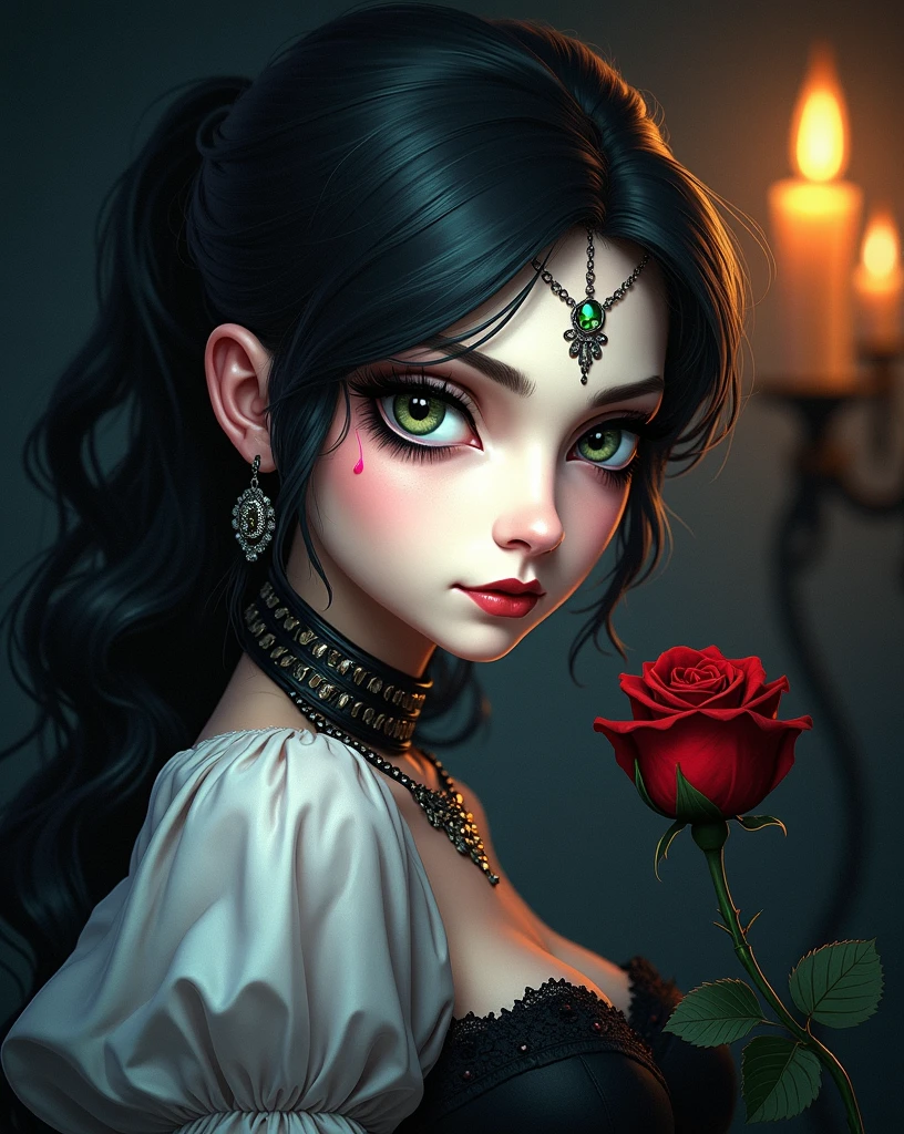 The image depicts a stylized female figure with exaggerated features typical of fantasy or gothic themes. The subject has dark hair, green eyes, and is adorned with jewelry that includes earrings and necklaces, suggesting a setting where such adornments are significant, possibly in a fictional or historical context. The presence of the rose, often associated with mystery and beauty, alongside the dramatic lighting, adds to the enigmatic atmosphere of the image. There is no explicit background story provided within the image itself, leaving the narrative open to interpretation.
