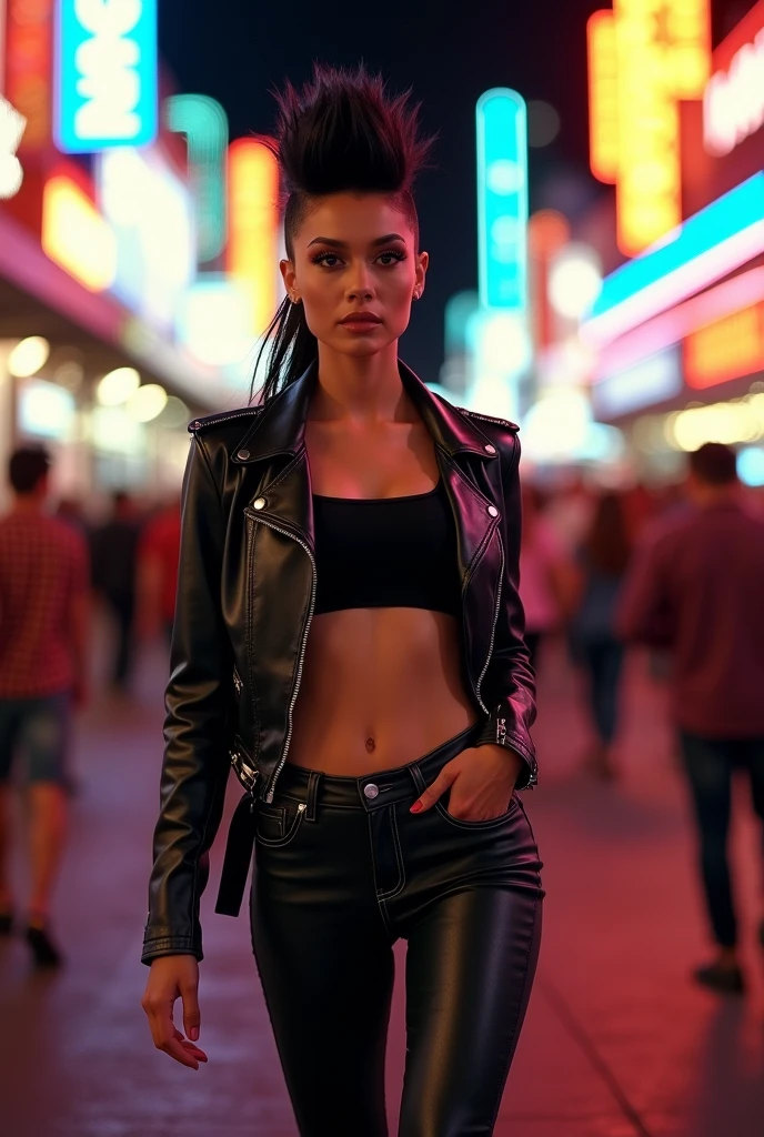 photo ChristyMackQuiron woman, Mohawk hairstyle, mohawk hair, black hair, black fur, realist, a woman Shot putwearing a crop top and tight jeans walking on Las Vegas, short crop top, ahort black leather jacket, short black leather jacket, tight jeans, heels, heels , good tone, 35mm photography, Movie, bokeh, professional, 4k, Very detailed, Las Vegas