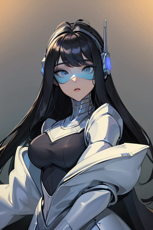 empty eyes,robotized woman ,big bust,Robot Joint ,Metal skin,Black Suit,long hair,a suit that covers the whole body,mechanization,robot, antenna
