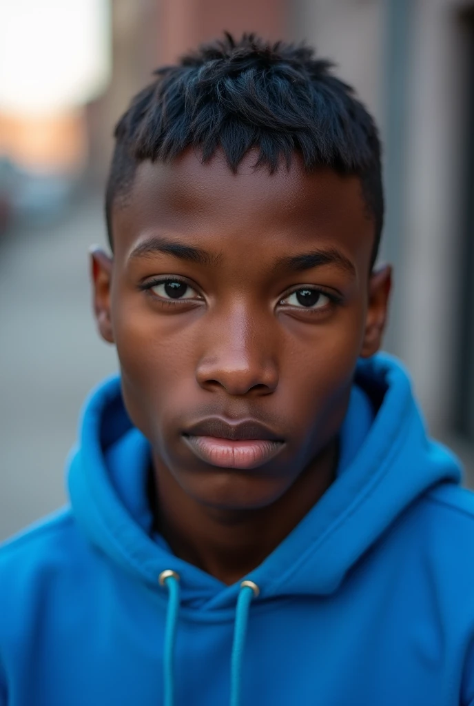 Make one about 23 years old, dark skin tone, looking directly at the camera lens and close to the camera, blue sweatshirt, short and straight hair. PICTURE REALISTIC