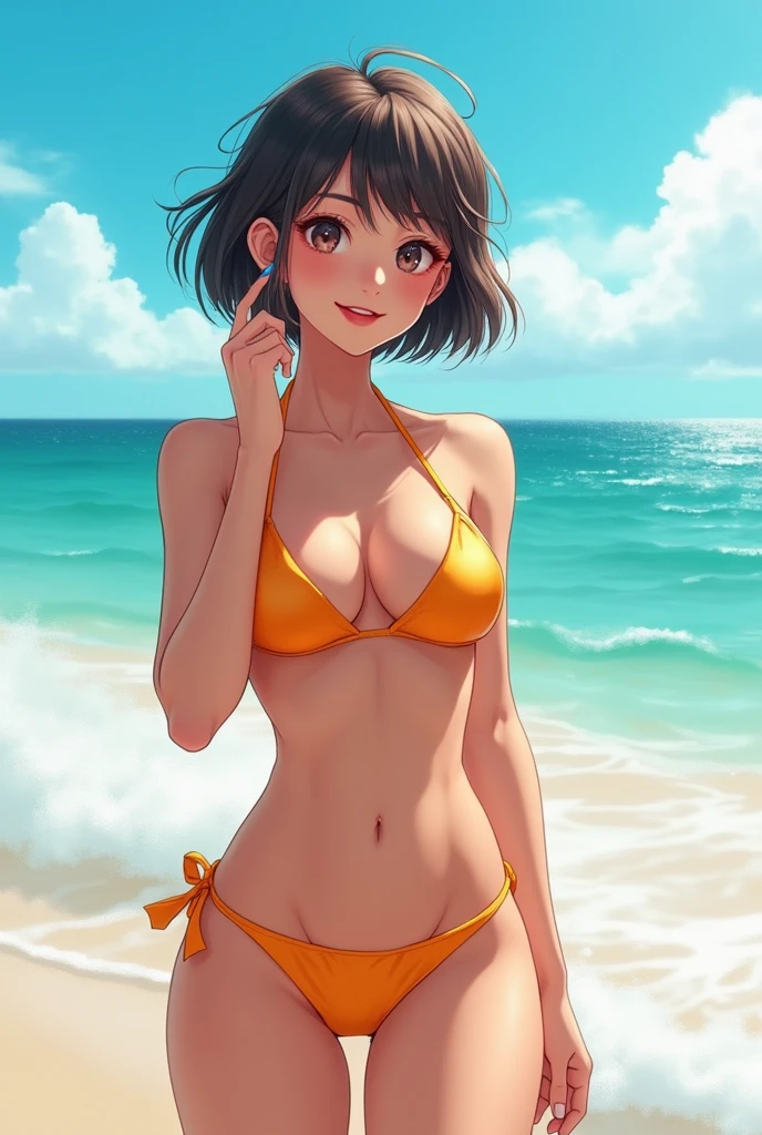 Skinny girl with medium boobs,skinny body and short hair , bikini, applying lipstick