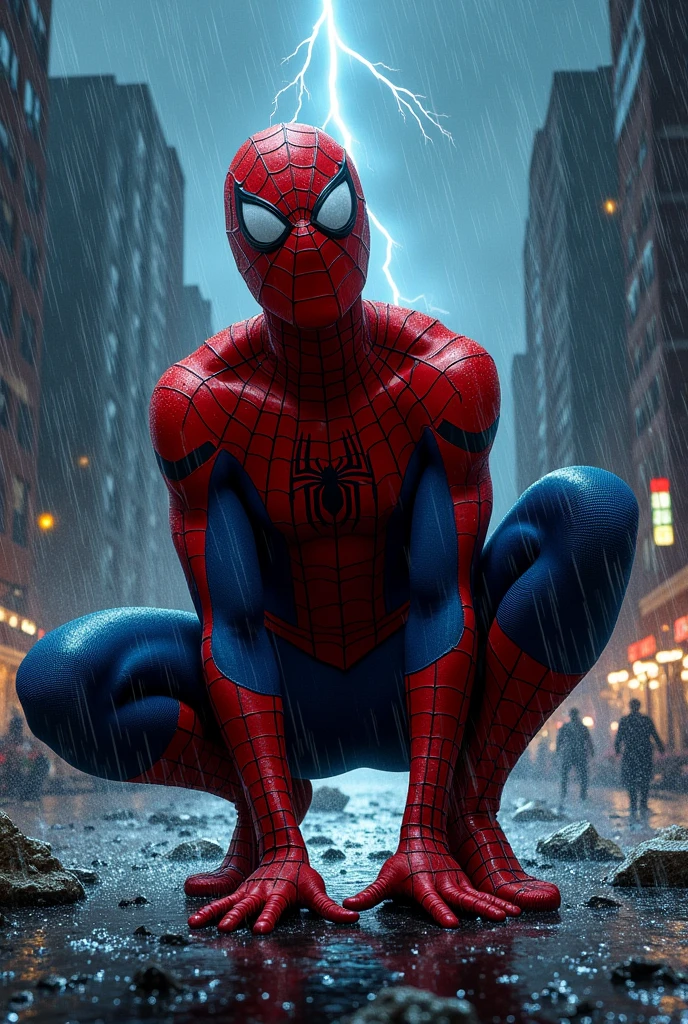 Draw Spiderman kneeling, the weather is raining he was without a mask, and the city is in chaos he's on his knees with his head up
Do it in a 90s comic book style, and he should be maskless