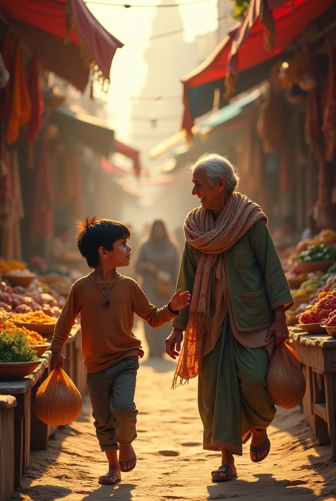 A boy named Hasan, Hasan saw an old grandmother in the market who was having difficulty carrying her shopping, Hasan approached to help against the backdrop of a busy traditional market.