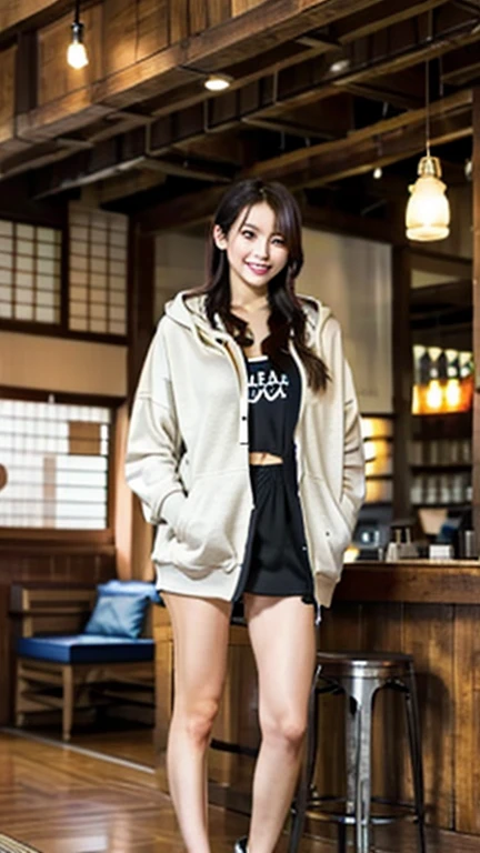 A Japanese milf, photo of one girl, Slender figure, Realistic teeth, wearing oversized hoodie, smile, full-body, masterpiece, best quality, detailed, beauty, Pub, indoor,