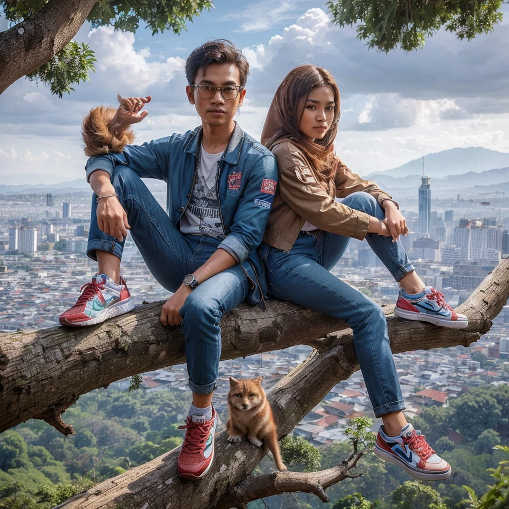 realistic portrait, an Indonesian couple with modern stylish outfits, complete with matching shoes, sitting on a large, high tree branch in the high hills, with a distant cityscape in the background with buildings. super clear HD quality images, 16k, hyperdetail,