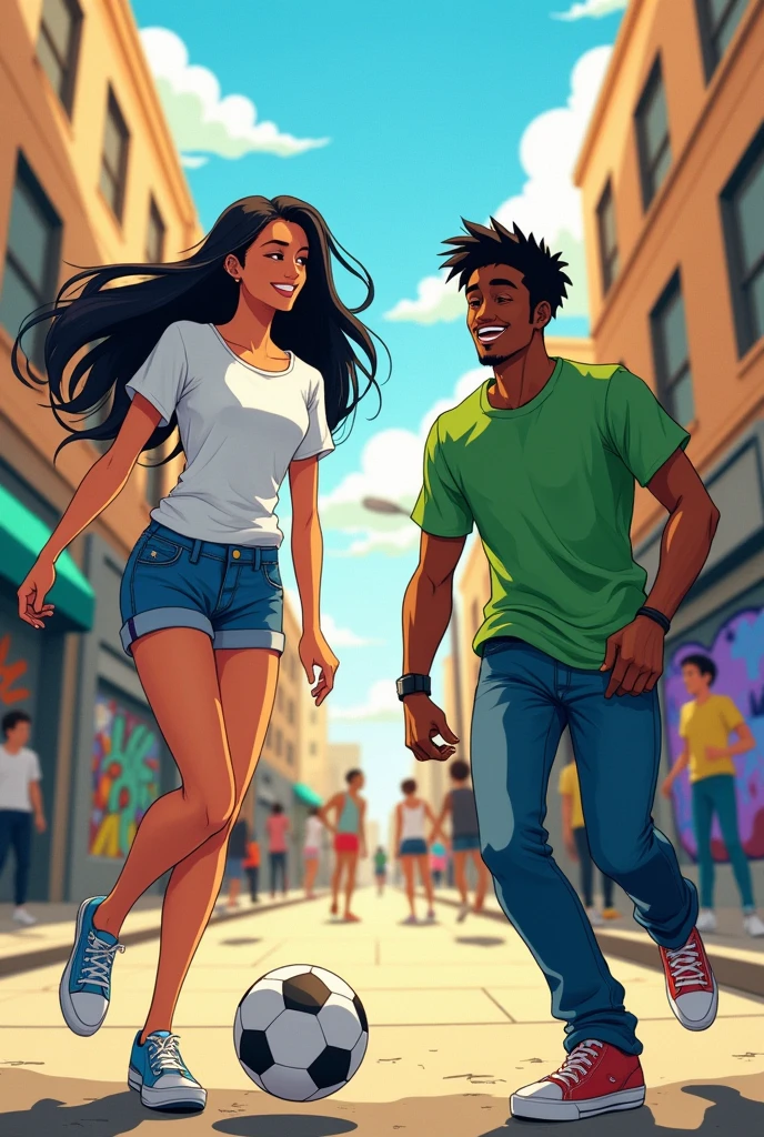 A young anime woman with tanned skin., long black hair, wearing a white t-shirt and blue denim shorts, and a dark-skinned young man in a green t-shirt and blue jeans playing a street football game.

INFO