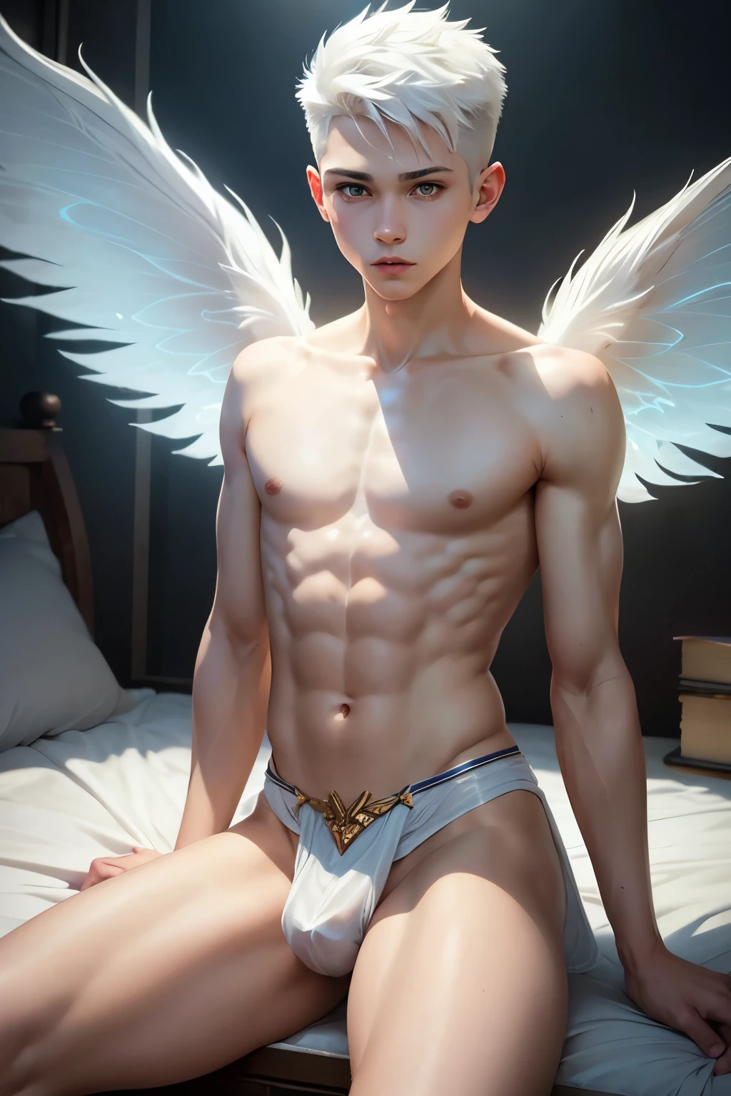 1boy, young male, , fairy, innocent face, cute face, youthful face, white eyes, fairy wings, white fairy wings, medium hair, white hair, undercut, hair half shaved, muscular, short, sexy, skimpy, jockstrap, loincloth, minds eye, psychic, psionic