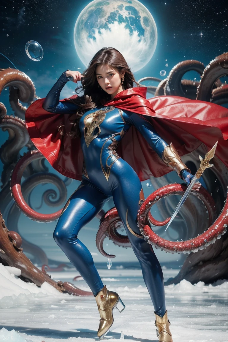 Highest quality, masterpiece, Realistic, High resolution, 8K RAW Photos, 1 person、Long Hair、goddess、Has a decorated sword、Raise your sword、((Glamour body:1.3))、(Blue bodysuit with ice motif、Gold Edge、Red Cape)、Silver Pendant、Silver earrings、(((Action pose)))、(On the ice of a planet where Mercury is visible)、(Many ice crystals floating in the starry sky）、Tentacle Shield、Tentacle Missile、Tentacle Sword、Tentacle Armor、Octopus、attack with tentacles
