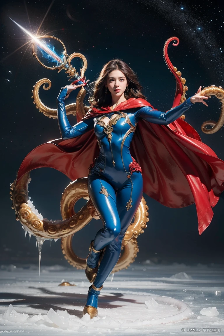 Highest quality, masterpiece, Realistic, High resolution, 8K RAW Photos, 1 person、Long Hair、goddess、Has a decorated sword、Raise your sword、((Glamour body:1.3))、(Blue bodysuit with ice motif、Gold Edge、Red Cape)、Silver Pendant、Silver earrings、(((Action pose)))、(On the ice of a planet where Mercury is visible)、(Many ice crystals floating in the starry sky)、Tentacle Shield、Tentacle Missile、Tentacle Sword、Tentacle Armor、Octopus、attack with tentacles