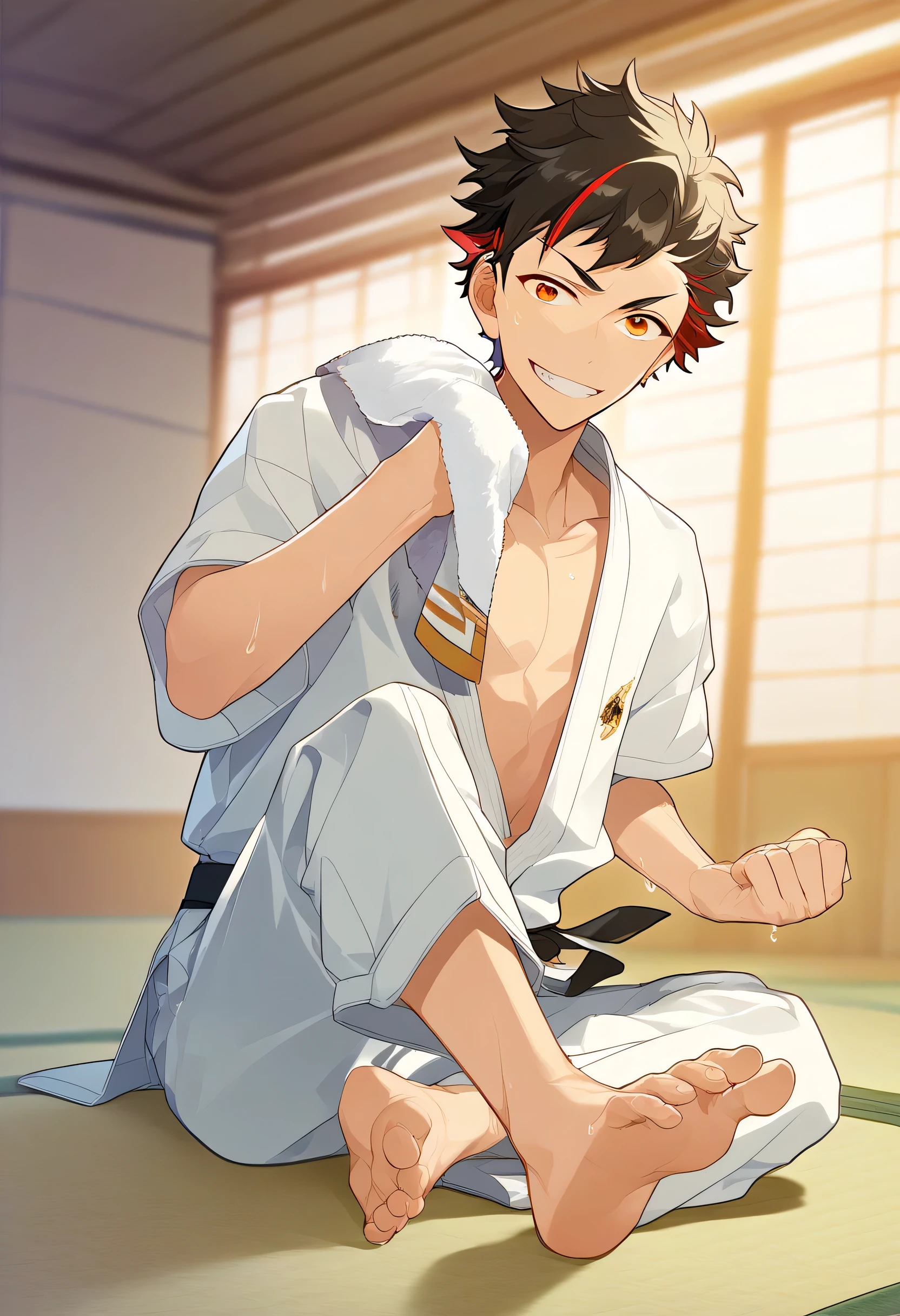 1boy, male focus, 
nagumo tetora, ensemble stars!, 
((zPDXL)), score_9_up, score_8_up, score_7_up, score_6_up, score_5_up, score_4_up, best quality, amazing quality, best aesthetic, absurdres, year2023, sfw, game cg, 
 tetora nagumo, multicolored hair, black hair, yellow eyes eyes, dojo, tatami, karate gi, black belt, crossed legs, sitting, smile, sweats, towel, wiping sweat, looking at viewer, barefoot, kicking, foot wrinkles 