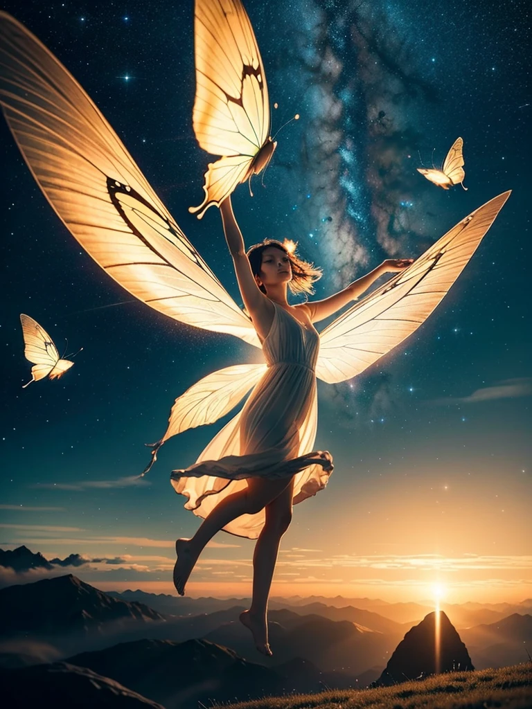 In the silence, the sound of the heart echoes. Your dreams are like butterflies dancing in the night sky. This scene captures a tranquil and mystical atmosphere, where the soft, audible beats of a heart resonate in the stillness. Above, a multitude of delicate, ethereal butterflies flutter gracefully against the backdrop of a star-filled night sky. The butterflies, glowing gently, represent dreams taking flight in the vast expanse of the universe. This enchanting image symbolizes the beauty of dreams and aspirations, soaring freely in the quiet serenity of the night.