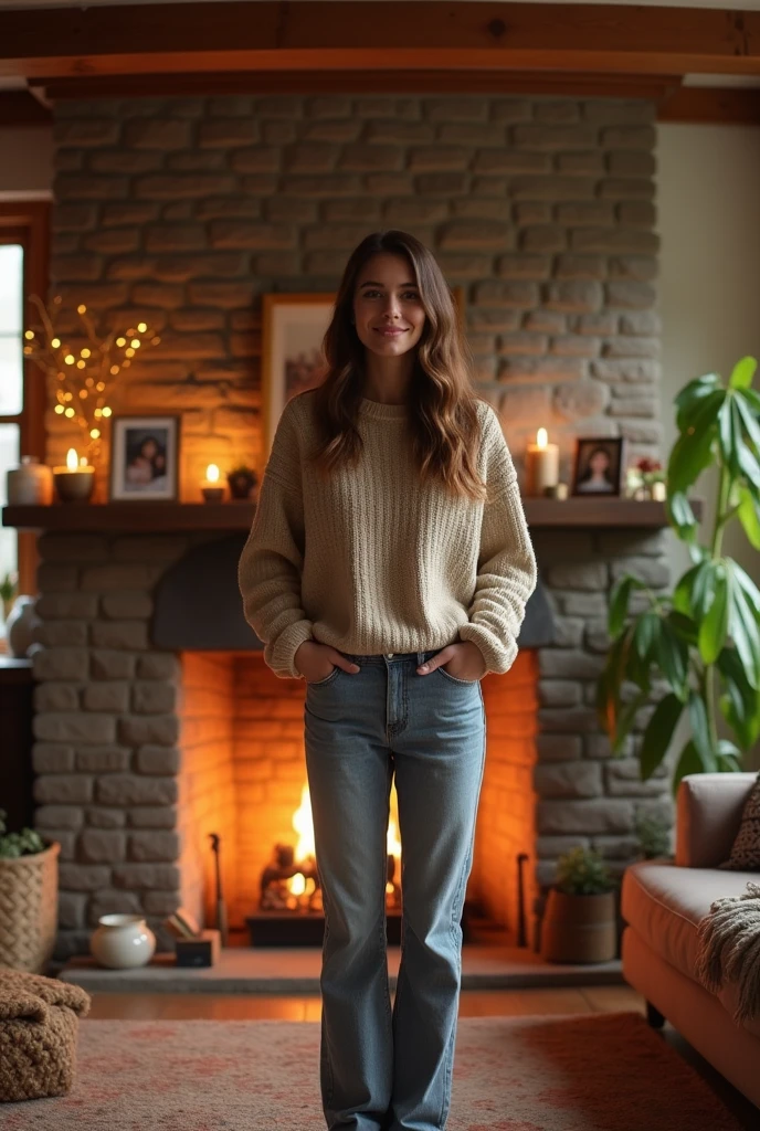 A person standing in a house with fireplace facing camera
