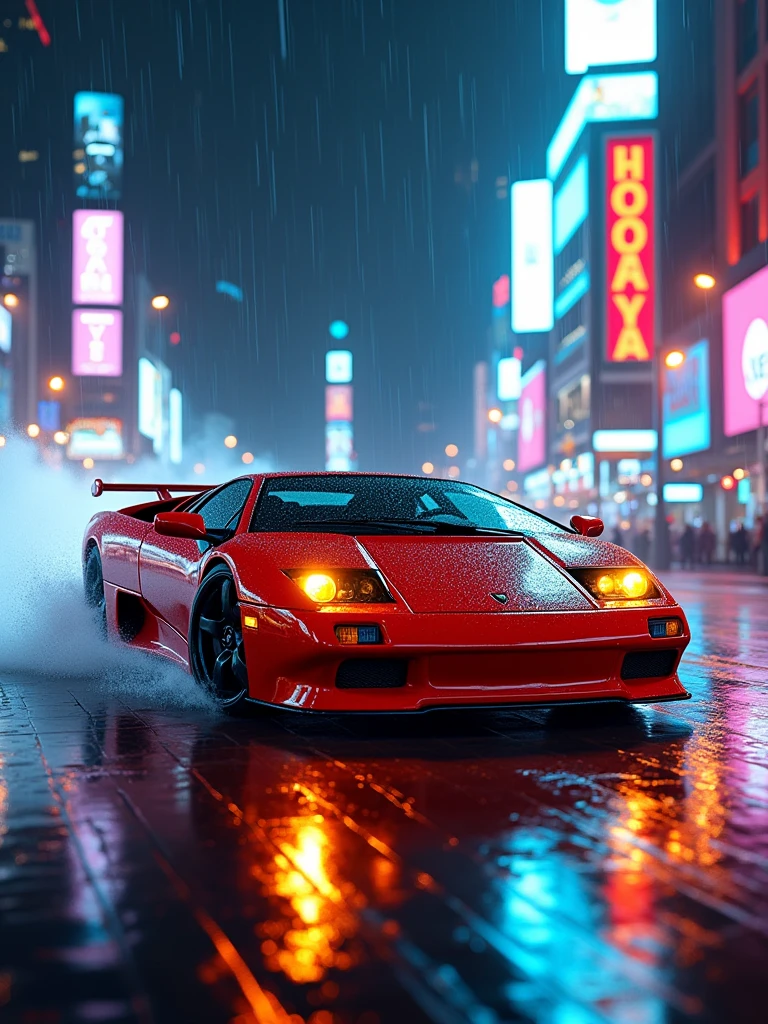 Lamborghini diablo sv drifting chase, action shot, high speed, night life, heavy rain, lens flare, intricate, elegant, highly detailed, realistic, concept art, matte, sharp focus, hearthstone