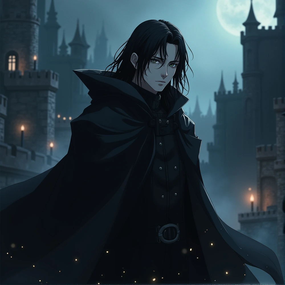 An anime character: White man with black eyes. Her long, black hair. He wears a black cloak with a hood. Ao fundo, a dark medieval setting with an atmosphere of mystery and intensity.