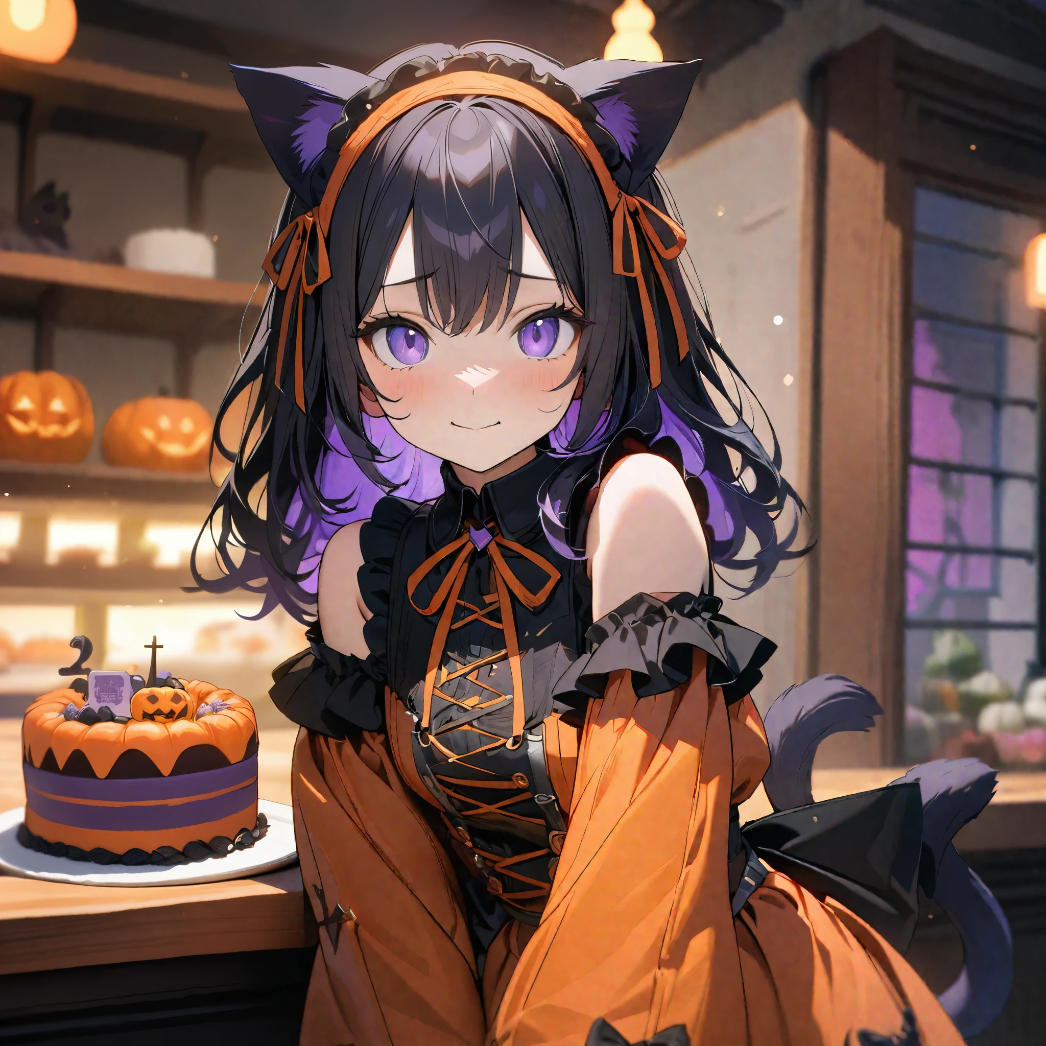 (8K, best quality, master piece: 1.2),super high resolution,1 idol,solo,16yo,ultra-detailed face,detailed eyes,purple eyes,mascara,black hair,purple inner hair,curl outward hair,Cold-Shoulder Sleeves,orange Halloween dress, gothic fashion,pumpkin and ribbon maid headdress,smile,wavy mouth,black Cat ears,Black cat tail,looking at viewer,Cowboy Shot,(depth of field:1.3),cute,portrait,holding a Halloween cake,Ivy on the wall,indoors cake shop,highly detailed illustration,masterpiece,8K,top quality