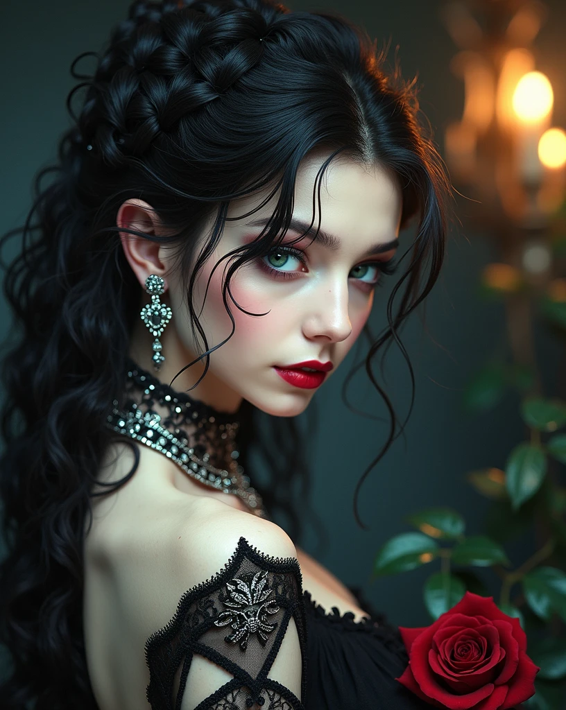 A mysterious sorceress stands amidst a velvety darkness, her raven tresses cascading like a waterfall of night. Her emerald gaze pierces through the shadows, as intricate silver jewelry adorns her neck and ears, hinting at an ancient mystique. A crimson rose blooms beside her, its delicate petals unfolding like a whispered secret. The dramatic lighting casts long shadows across her porcelain skin, as she stands poised in a scene of quiet contemplation, beckoning the viewer to unravel the enigma.