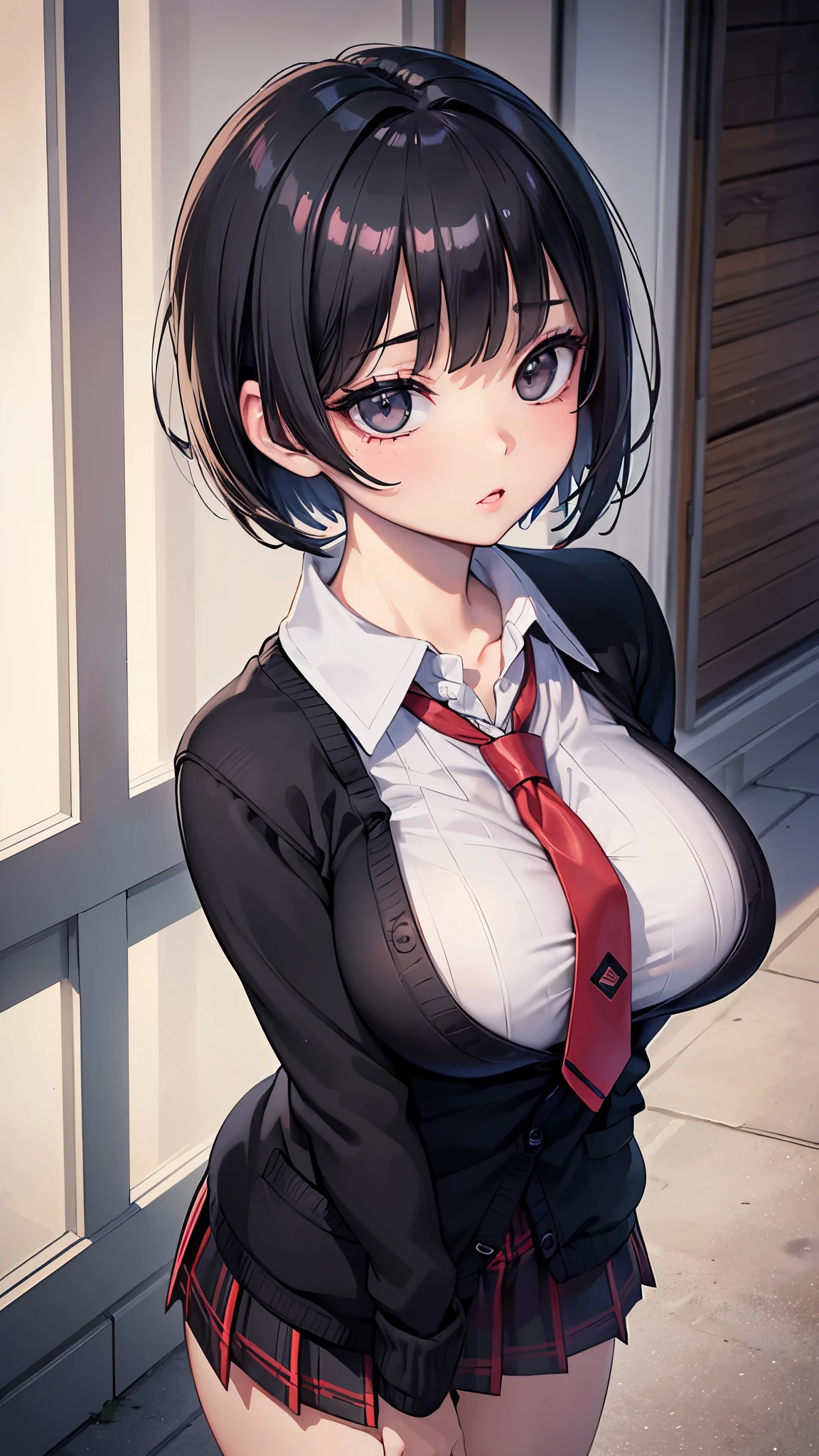 (masterpiece, 最high quality, 超High resolution, Very detailed), (Realistic:1.1, photoRealistic:1.4), Perfect illustration, Perfect lighting,Perfectly detailed hair, Perfect and exquisite face, Perfect collarbone, Perfect body,Juicy breasts, Perfect Thighs, Beautiful legs, View your audience, 1 person,Perfect Face, (Perfect Anatomy, Anatomically correct), Symmetrical face、((Shiny Hair)),Sexy Body、(masterpiece),(最high quality:1.3),8k,Very clear,(Ultra-realistic),Captivating woman,(high quality, High resolution, The finer details), Realisticなスタイルの女性,Juicy breasts、Perfect Woman、Perfect Face、Symmetrical face、、((Big breasts))、blush、((Juicy lips))、Cowboy Shot、(((straight short black hair)))、((Large, double-set black eyes、Long eyelashes))、(Red Makeup)、(((Collared shirt、tie、cardigan)))、(((chool uniform)))、(Healthy and well-developed body)、((Big tits jk))、(Outdoor、On the road)