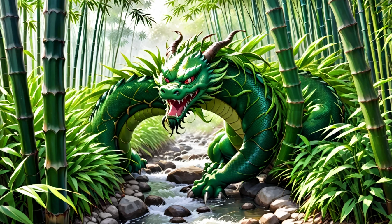 An Asian serpentine dragon, flowing through a dense bamboo forest weaving effortlessly between bamboo, stalking the viewer, menacing look 