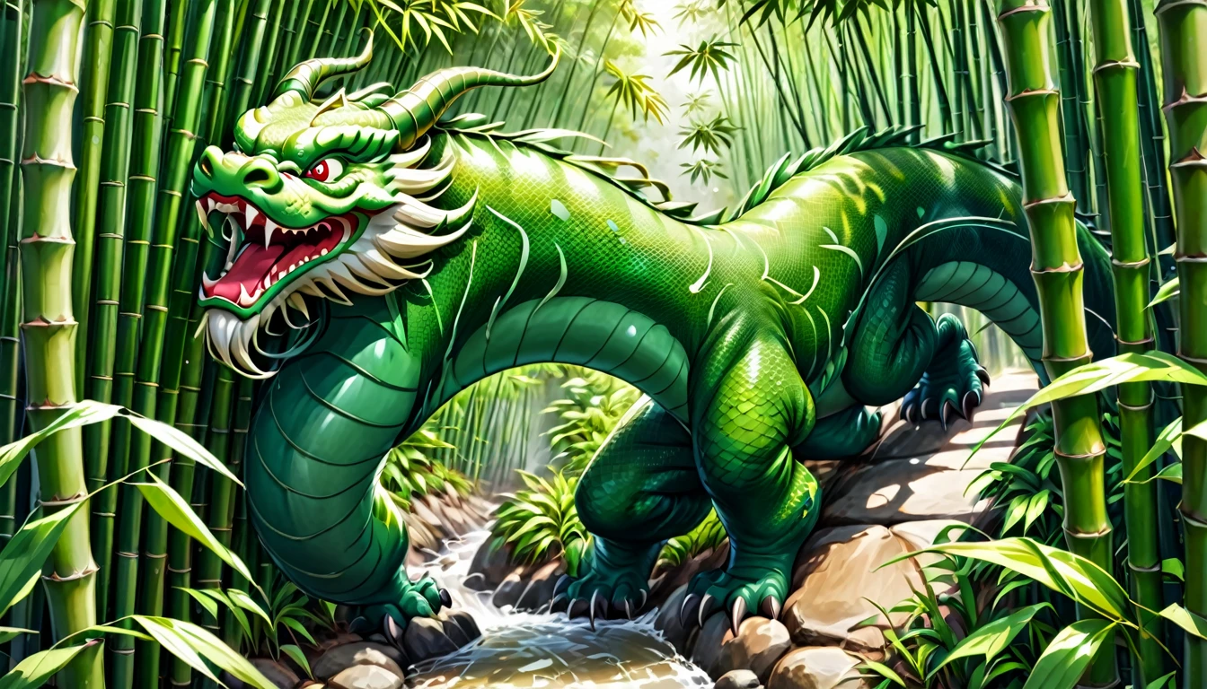 An Asian serpentine dragon, flowing through a dense bamboo forest weaving effortlessly between bamboo, stalking the viewer, menacing look