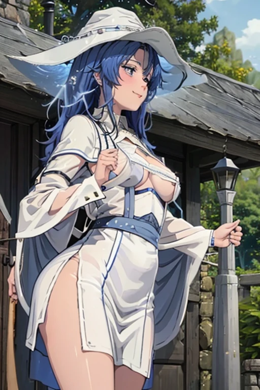 Ranni the witch (blue hair) lifting up her skirt (sheer white gown) and pinching her nipples (small breast) while resting at a site of grace (dark forest background) full face blushing while sweating a lot looking at viewer with horny smile