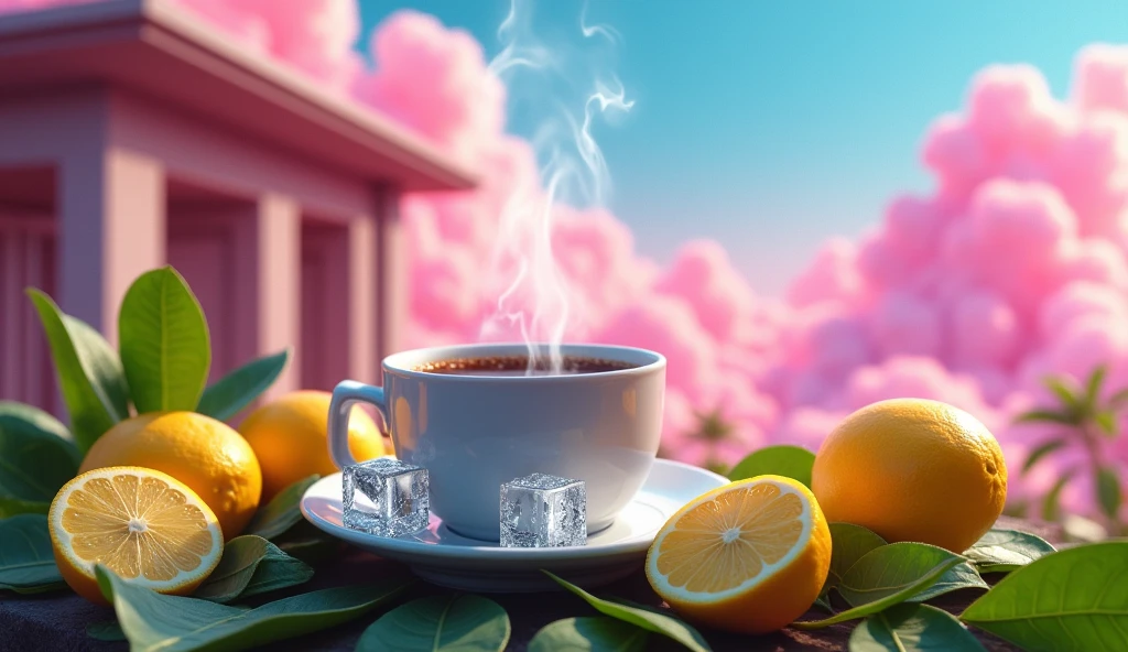 coffee、(nobody)lemons、Yellow fades to blue。it's cool。、Ice cubes、Placed on green leaves、outside of house、Clear pink sky、There are beautiful clouds、cyberpunked