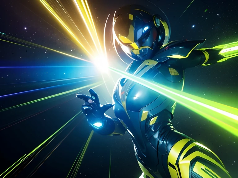 (RAW Photos, Highest quality), (Realistic, Photorealistic:1.3), 1 person、Realisticbody、Yellow battle costume、Meteor warrior flying from space、Fight against the octopus aliens、Octopus、Shielded Reflector Laser、smile、
