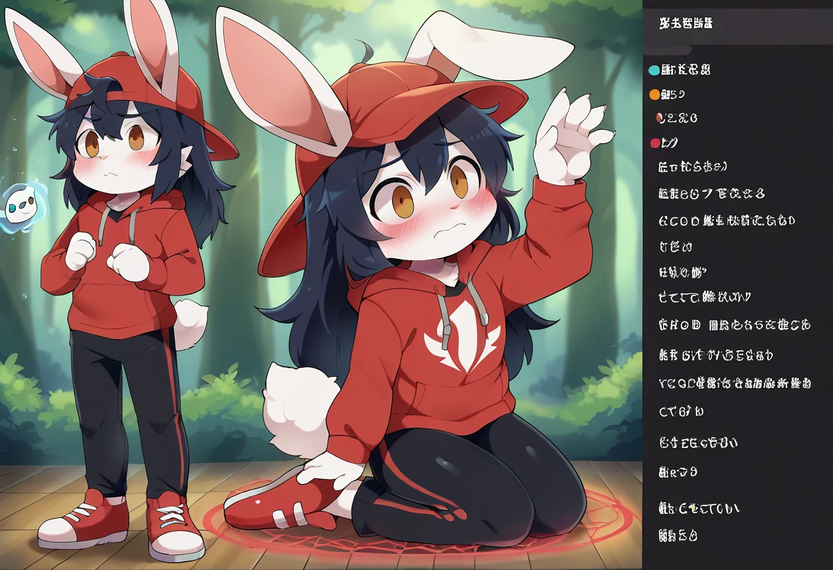 masterpiece, best quality, expressive eyes, perfect face, a man get transformed into a furry bunny, furry bunny, white fur, bunny tail, bunny ears, solo, surpriced, blushed, black hair, long hair, red baseball cap, black shirt, red hoodie, black sports pants, red sport shoes, brown eyes, full body, in a magic forest, glitter, embarrassed pose, magic circle on the floor. chibi, reference sheet,