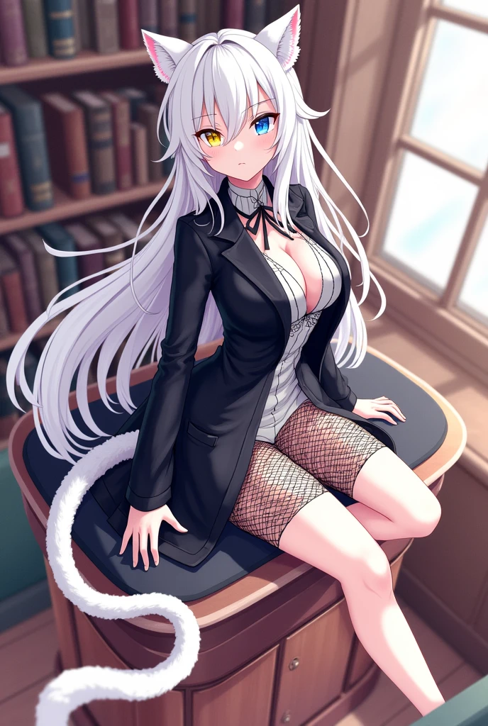 ((best quality)), ((masterpiece)), (detailed), ((highres)), In lavish manor library,  extremely long white hair. Fluffy white cat ears. Long white cat tail on butt, 1catgirl, 20 year old, Curvy body, selfish, bratty, snickering, naked. Heterochromatic eyes, one blue eye, one gold eye. No shoes, black fishnets, nude, no clothes 
