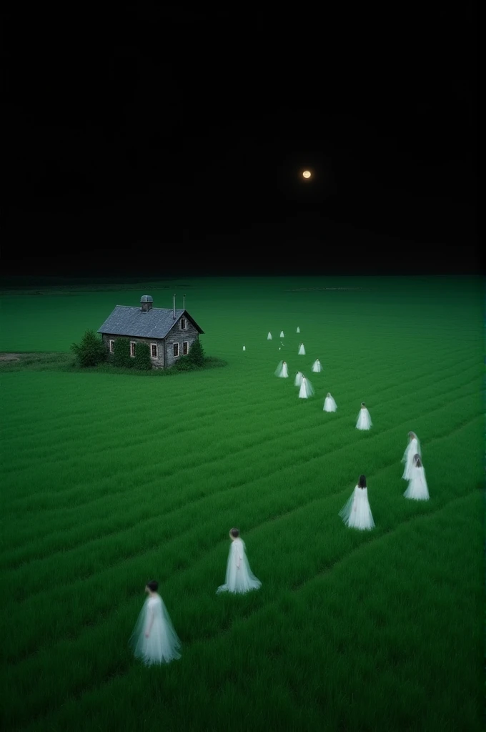 a dream,Green lawn,completely black sky,white figures across the lawn,isolated house in the countryside,view from above,(((Weirdcore Aesthetics)))