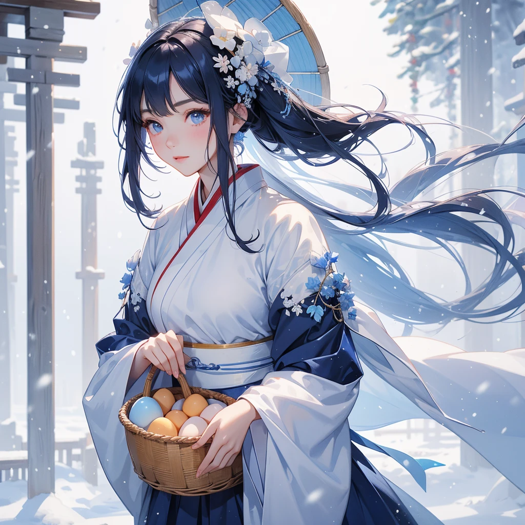 A beautiful female in blue hanfu dress , Holding a large woven basket, full of eggs and cut meat ,close up, Amidst the white snowy atmosphere, the snow is falling lightly, watching the snow fall one by one.