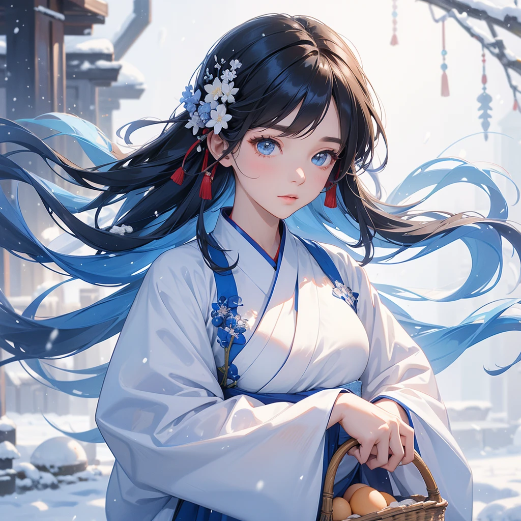 A beautiful female in blue hanfu dress , Holding a large woven basket, full of eggs and cut meat ,close up, Amidst the white snowy atmosphere, the snow is falling lightly, watching the snow fall one by one.