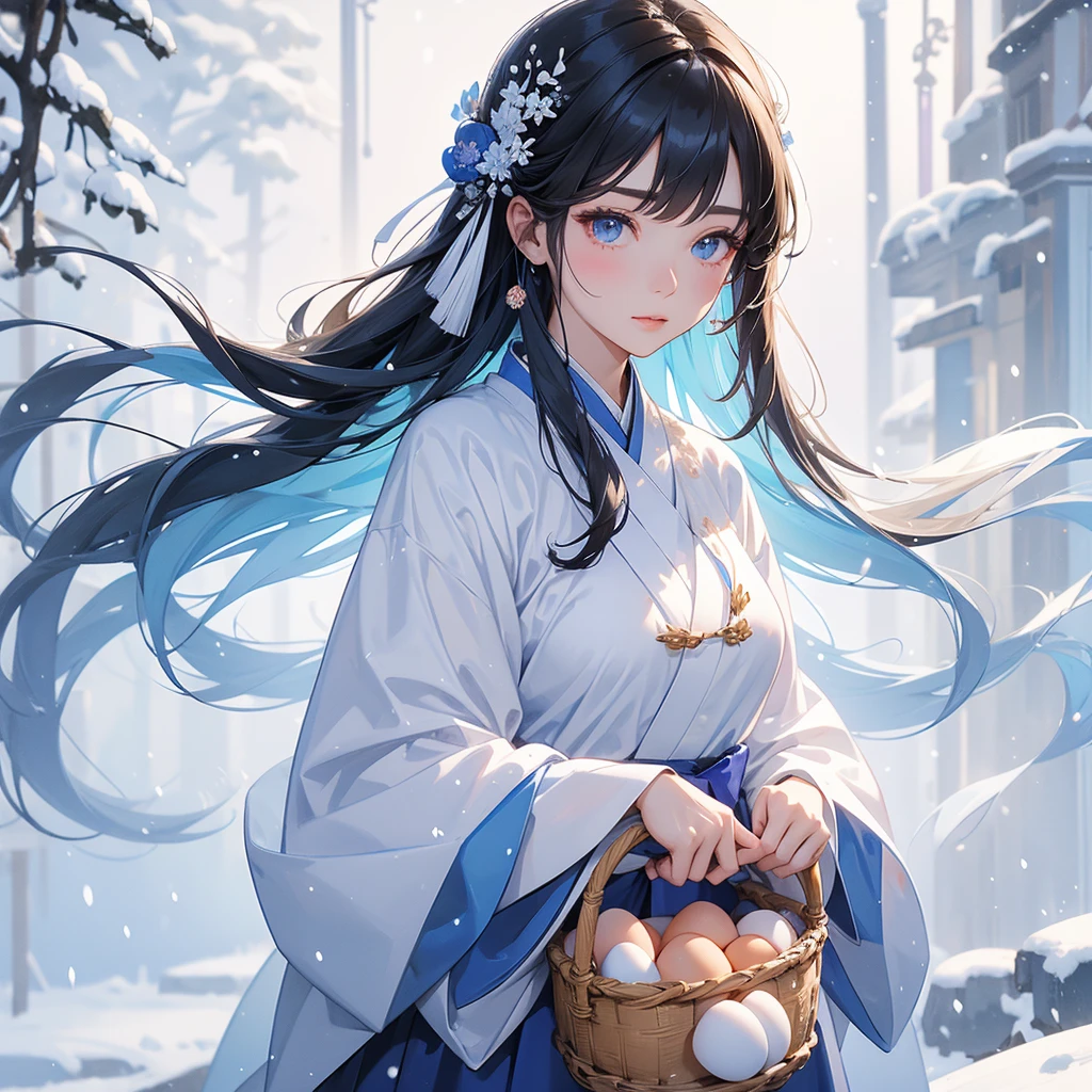 A beautiful female in blue hanfu dress , Holding a large woven basket, full of eggs and cut meat ,close up, Amidst the white snowy atmosphere, the snow is falling lightly, watching the snow fall one by one.