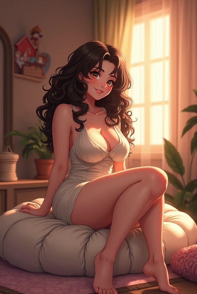 A brunette girl with curly hair and big breasts sits with her legs stretched out, taking a realistic photo hentai milf anime style