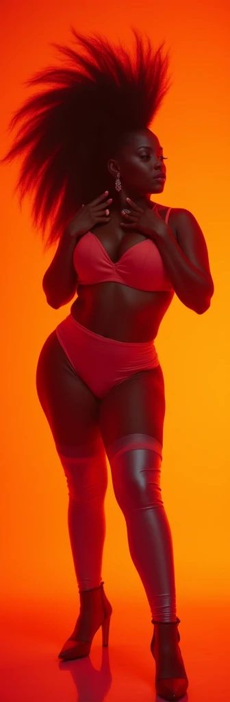 RAW, HUGE BIG BOOTY paired with thin tapered tiny waist, shapely dark skin Goddess, translucent suit top paired with short leg warmers and ankle short boots, slight volumetric fog, stunning 8 K, 🥳 , lightning neon orange walls, up shot close up, face bright lit, ten foot mohawk brunette hair, wide hips, no nudity  