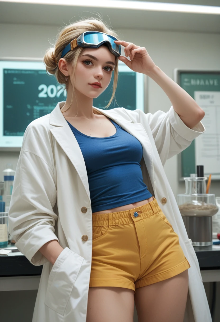 12 year old girl, dutch dark blonde, in a lab, wearing blue tanktop, yellow shorts and a white labcoat, goggles, holding 2 vials in her hand